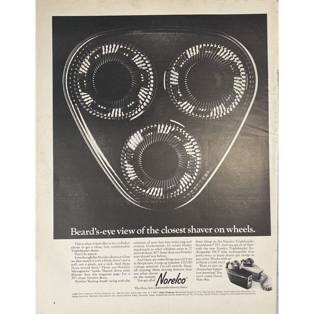 Norelco Rechargeable Tripleheader Speedshaver "Closest Shaver on Wheels" Ad 1967